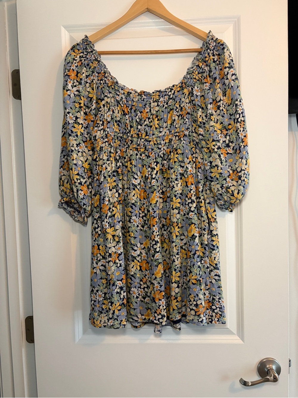 American Eagle Outfitters | Blue and Orange Floral Smocked Fall Mini Dress - Picture 4 of 9